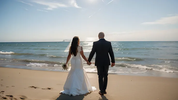 A couple of newlyweds holding hands, seen from behind, as they admire the horizon together. The groom, with fair skin, sports an extremely short, bald haircut, while the bride showcases long, dark, wavy hair. She looks stunning in her white wedding dress, ...