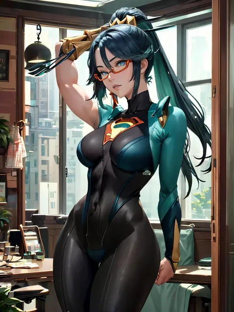 (masterpiece, best quality), 1girl, xianyun, glasses,ponytail, red-framed eyewear, under-rim eyewear,ponytail,
break ((bodysuit:...