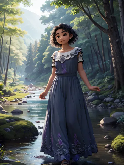 A drawing of Mirabel fully dressed, (Forest River) (Sunny Background) (Fully detailed) (Full HD) (Max Quality)