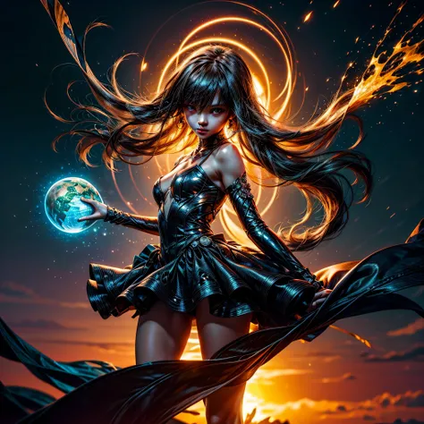 sunset spacious sunrise panoramic background, fashion portrait color photograph, woman Diva, neon lights holography, draw in neon colors ((earth World)): Earth Globe : ((floating)), transparent, Three dimensions, light, SF, Digital art, Digital, scientific...