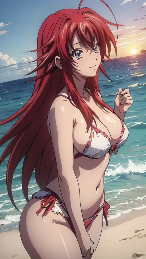 (Rias Gremory, High School DXD, ocean background, swim suit, big , sexy pose, sexy body, perfect figure, sexy smile, hot, summer time, beach, sunset)

(best quality, 4k, highres, masterpiece:1.2), ultra-detailed, (realistic:1.37), HDR, studio lighting, viv...