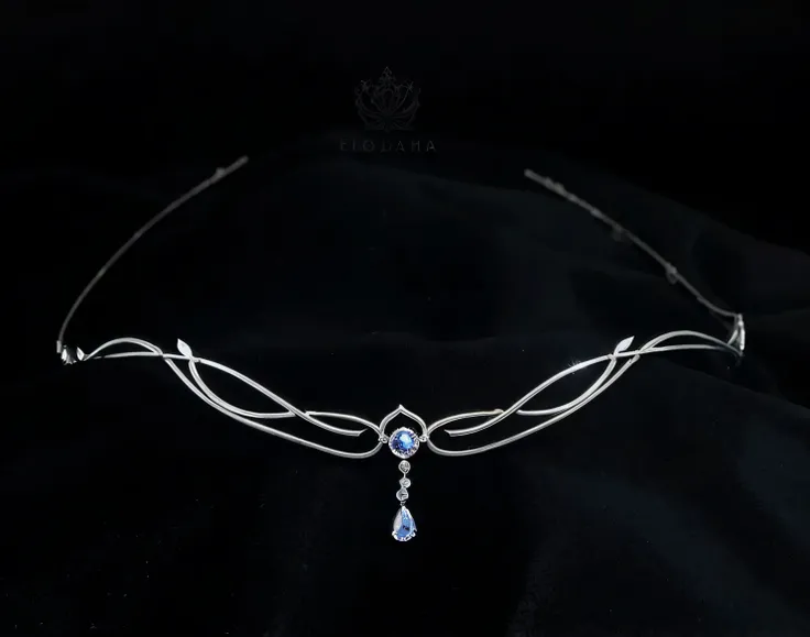 an elegant close-up of a silver headband with a crystal drop, circlet, tiara with sapphire, ultra realistic fantasy tiara, diade...