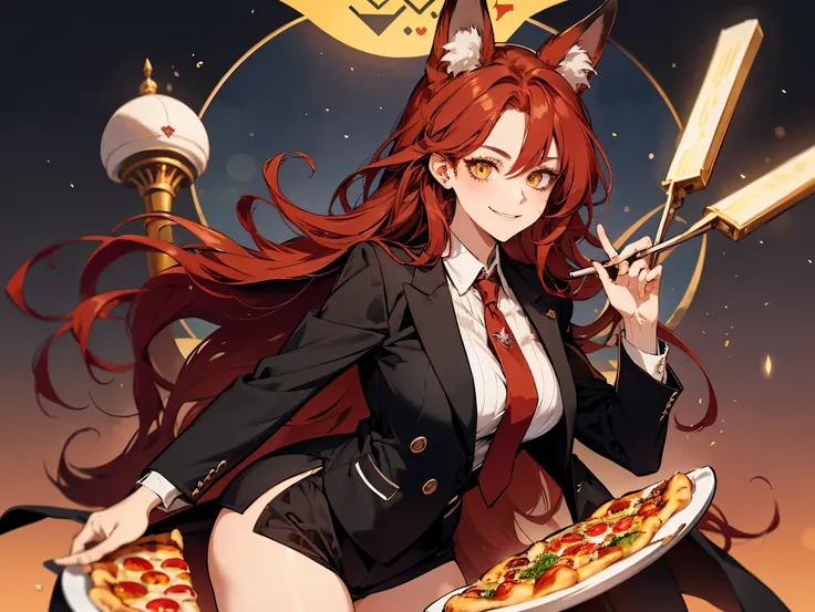 1 female, teacher, wearing a black suit, red tie, bootyshorts, Thicc, red hair, long hair, yellow eyes, red fox ears, face to detail, detailed eyes, the background is a pizzeria, happy, Holding a pirates hook, smiling