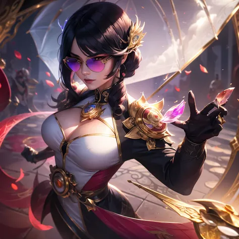 Broken glass, female, (eel:1.0), (plant control magic;1.2), black hair with bangs, queen, clouds in the sky, photograph, (Fighting posture:1.2), league of Legends, white eyes,hair barrette, (holding an umbrella:1.2), (Broken glass:1.0), Highly detailed, Ha...