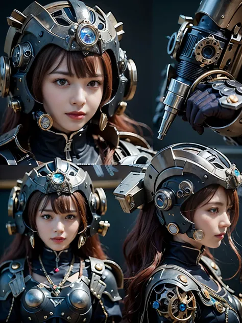 (top-quality:1.2, masterpiece)、ultra high resolution、extremely ultra surrealism, (Photorealsitic:1.4)、Raw photo、(Steampunk Battle Cyborg fallen angel)、large wings made of metal、black porcelain body、red  hair、glowy skin、1 Cyborg girl、(mechanical frame:1.3)j...