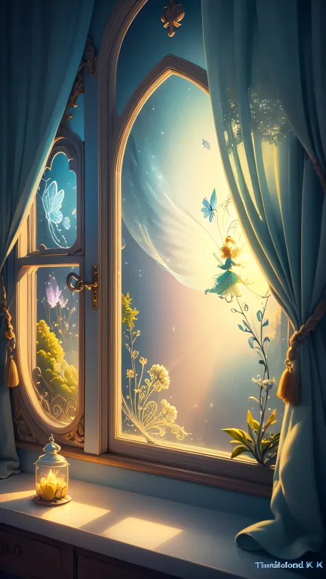 the view outside the window (cartoon) tinkerbell :  fairies through the window, the window should always remain open, cartoon st...