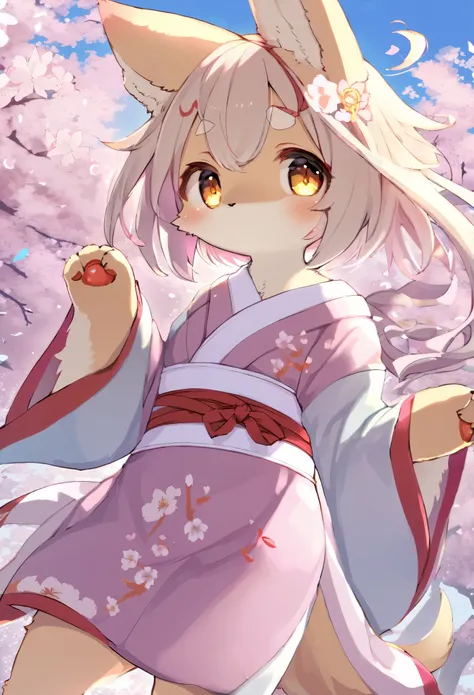 masterpiece, kimono, The cherry tree, cherry blossoms dancing in the wind(super cute 1girl, solo, kemono, furry anthro)