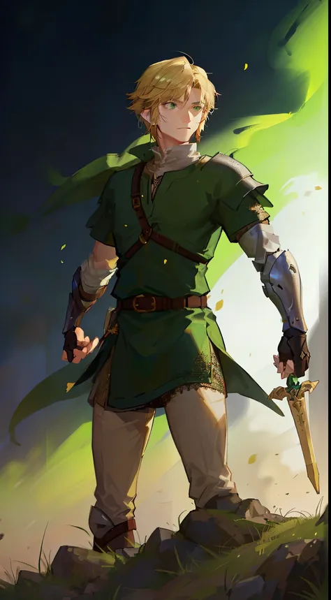 Young guy, short blonde hair, green eyes, scar on his face, light knightly armor, open hands, masterpiece, high quality, link,