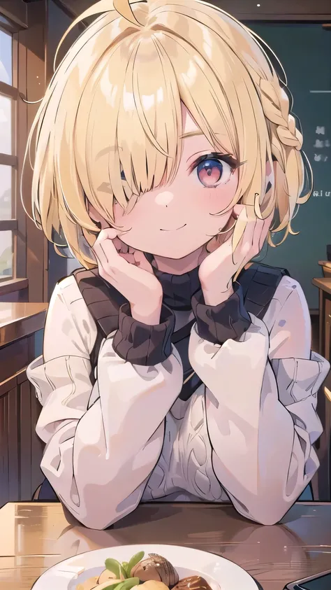 tits、smile、hands up, elbows on table, face palm、breasts close up, blonde　((((((hair over one eye)))))), Braid Styles, spiked hair, blunt bangs, bob hair, a braid, Ahoge　red eyes, No sleeve, knit sweater