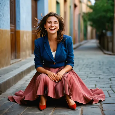 A smiling, authentic, (shy:1,3), kind, beautiful woman, is passionately in love with her skirt, sitting down on the ground while wind lifts her skirt, wearing short blazer and very, very detailed (long (fully pleated) full circle skirt) and (low heeled cou...