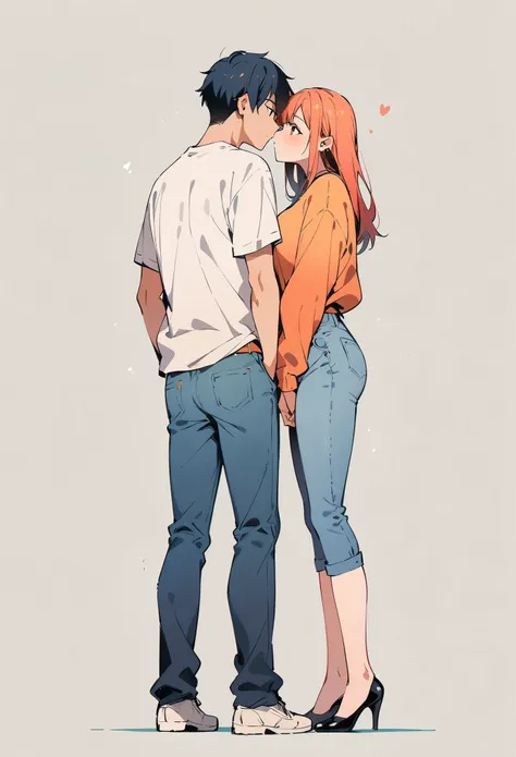 (best quality:1.2), 1 girls,1 boy,, face to face, looking at each other, standing apart, both standing apart, kissing, blue jean...