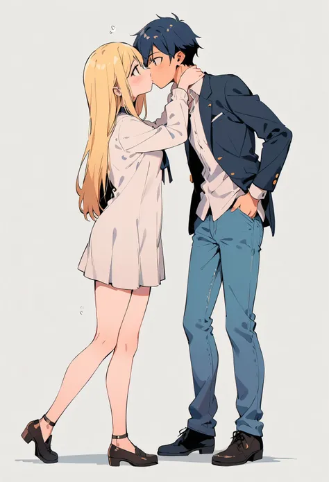 (best quality:1.2), 1 girls,1 boy,, face to face, looking at each other, standing apart, both standing apart, kissing, blue jeans, full body