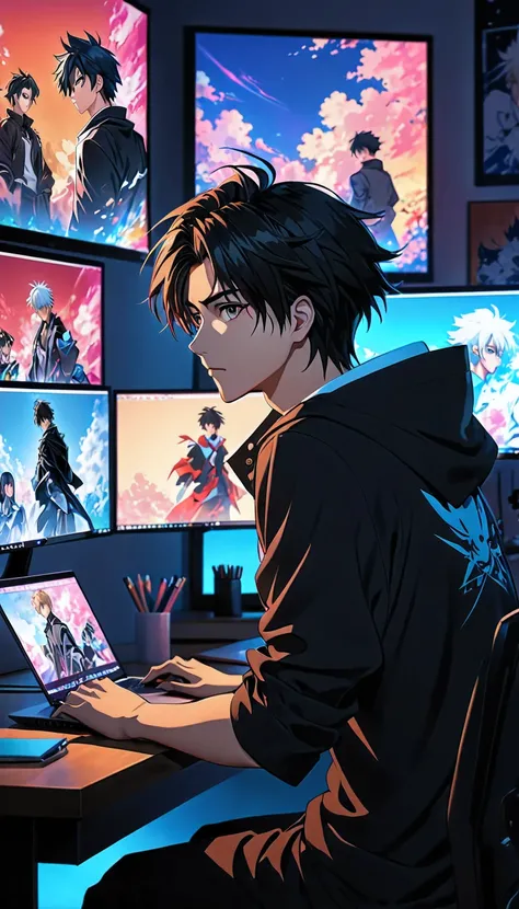 Anime characters sitting at desks，Comes with laptop and monitor, anime style 4k, 4k anime wallpaper, Badass Anime 8K, 4k comic wallpaper, young anime man, anime boy, anime wallpaper 4k, anime wallpaper 4k, High quality anime art style, Anime cute art style...