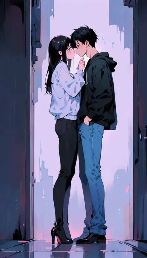 (best quality:1.2), 1 girls,1 boy,, face to face, looking at each other, standing apart, both standing apart, kissing, blue jean...