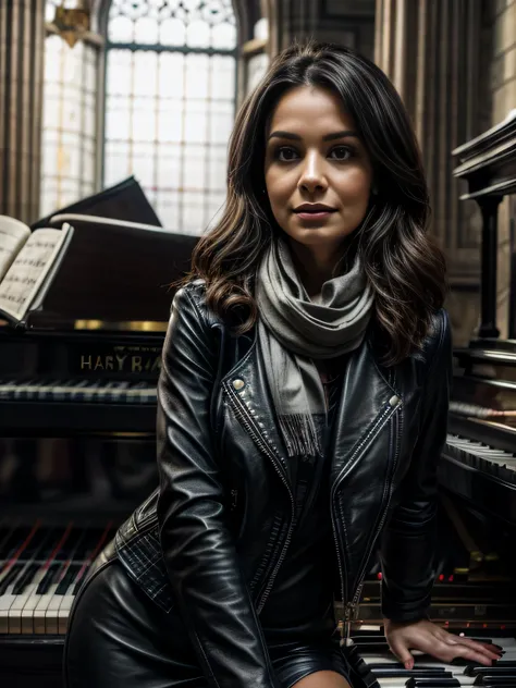 woman in black leather jacket and scarf in front of a piano, in Harry Potter. She is about 45 years old. Full body photo, clear photo, high quality, high resolution, masterpiece, 8K.