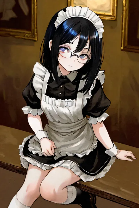 dull bangs、crouched down, Looking down at me、ecstatic expression、maid, Glasses, over knee high socks、drunk eyes,dull bangs, black hair,(table top:1.2, highest quality), (detailed and beautiful eyes: 1.2), (detailed background,dark fantasy), (Beautiful and ...