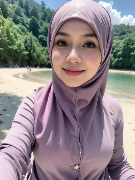 smile, ((hijab)), tiny (wearing lingerie top suspender), (((hijab malay girl))), masutepiece, high quality, uhd 32k, realistic f...