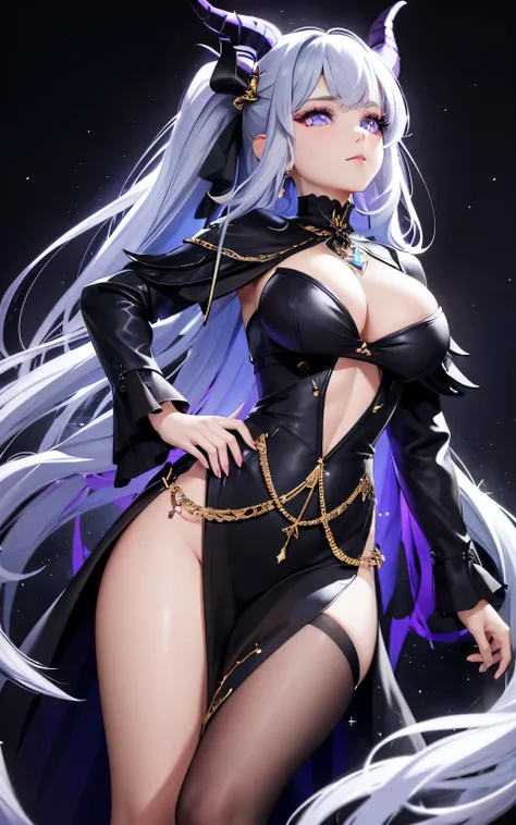 Woman Entires color was light gray with small sparkles on her body and her bluish purple hair is tied in a slightly messy bun and her bangs fall over her eyes while she covers her dark crystal purple eyes and long eyelashes, her outfit It was a tight big-b...