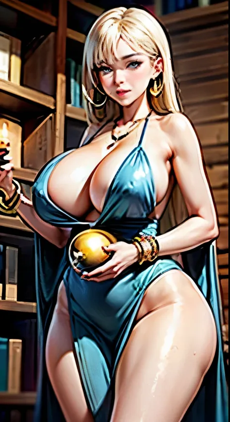 Masterpiece, Best Quality, (((Solo mature woman Janet))), (((platinum blonde hair))), long braided Ponytail, (((wide hips))), (((light blue eyes))), full lips, seductive smile, cleavage, sitting on wooden throne, (((bookshelves, candles))) sunset, blushing...