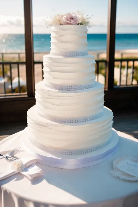 A wedding cake at a seaside ceremony, watercolor, elegant details, romantic atmosphere, delicate frosting, beautiful flowers, joyful celebration, soft color palette, natural lighting