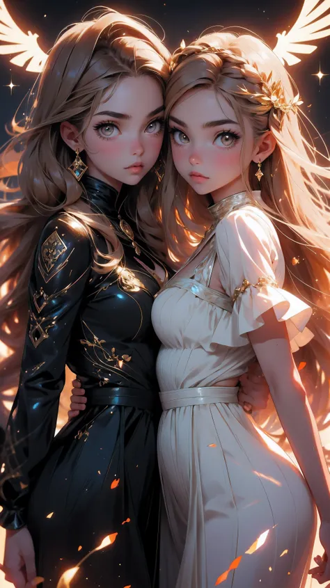 two beautiful young girls, twins, with light brown hair and light brown eyes, her zodiac sign is Gemini, femme fatale, zodiac theme, mystical atmosphere, hd, 8k

