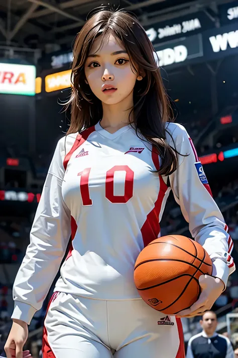 A woman in a basketball suit