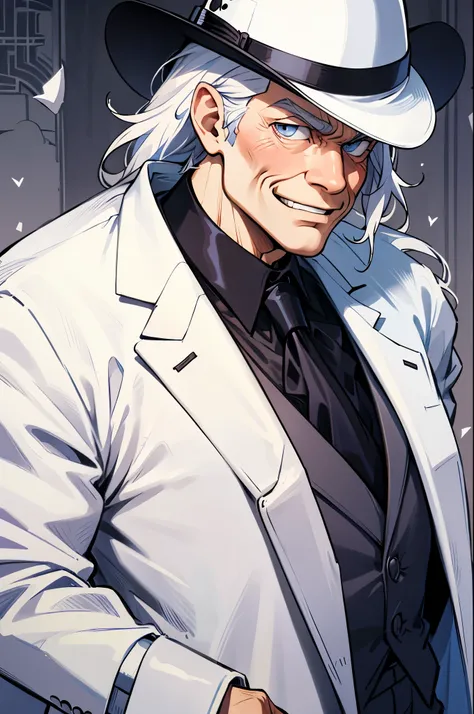 Old man, solo, majestic, serious, black tuxedo, white hair, shock, white coat, smiling, fedora hat