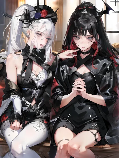 beautiful eyes、Two women kisasterpiece, best quality, high quality, ultra detailed, 1girl, looking at viewer, white hair, gray eyes, black lipstick, black shirt, sitting on a white floor, demon girl, gothcore, 1 7 - year - old, goth girl, japanese gothic, ...