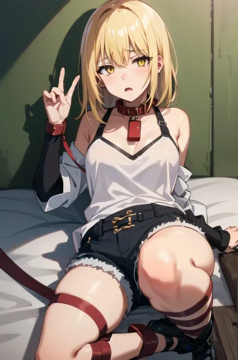 ((collar,leash,tied up,bondage,scared expression)),1girl, solo,yellow eyes, blonde hair,,shorts,top-tank,looking at viewer