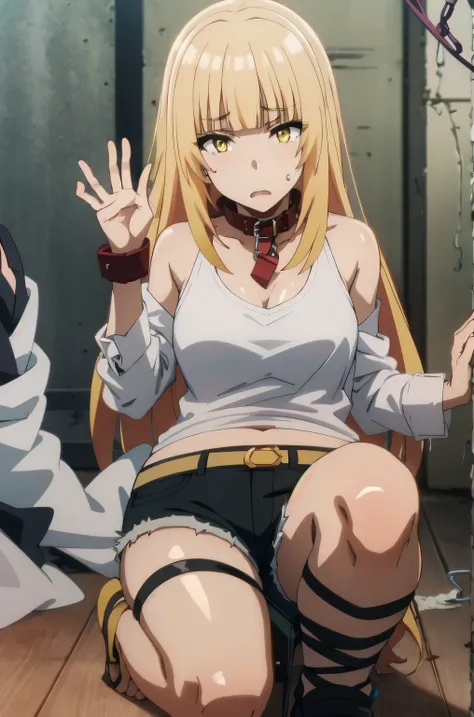 ((collar,leash,tied up,bondage,scared expression)),1girl, solo,yellow eyes, blonde hair,,shorts,top-tank,looking at viewer