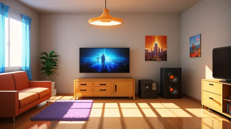 background, drawing, in this anime-style living room, warm and bright ambiance, accentuated by the presence of a television casting blurred shadows of people, adding a mysterious and intriguing touch, Anime Wallpaper Art, Vibrant colors and abundant bright...