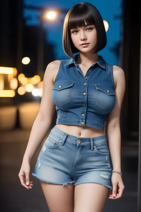 A close-up portrait photo of 18 y.o woman in denim shorts, denim top, high heels, Bob_cut hair, (Big breasts:1.3, background is a night town with spotlight lights, (high detailed skin: 1.2), 8k uhd, dslr, soft- lighting, high quality,