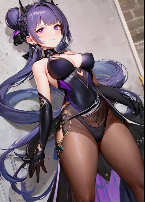 1girl, from above, standing,
keqing (piercing thunderbolt) (genshin impact), keqing (genshin impact), Niked, nipple
pantyhose, hair bun, purple hair, gloves, twintails, long hair, purple eyes, diamond-shaped pupils, bare shoulders, hair ornament, black pan...