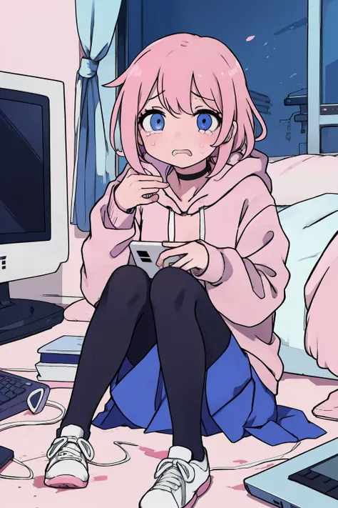 anime girl, short pink hair, bangs, pink hoodie, blue skirt, black legwear, choker, white shoes, indoors, using a computer, sitting, sad, cry, messy room