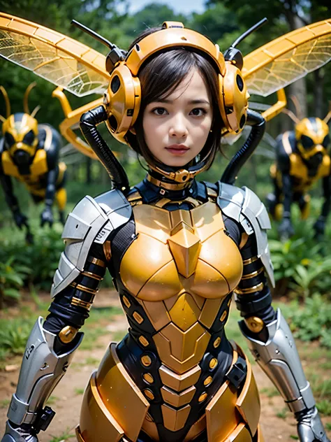 A girl, a humanoid battle machine, transforms into a wasp