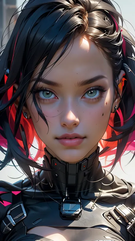 a close-up:1.4, (( a sensual and beautiful young woman)), sensual smile, with a tattoo on her arm and cheek, cyberpunk hairstyle with a lock of pink hair, beautiful cyberpunk girl, beautiful cyberpunk girl face, dreamy, Beautiful and detailed hair, soft an...