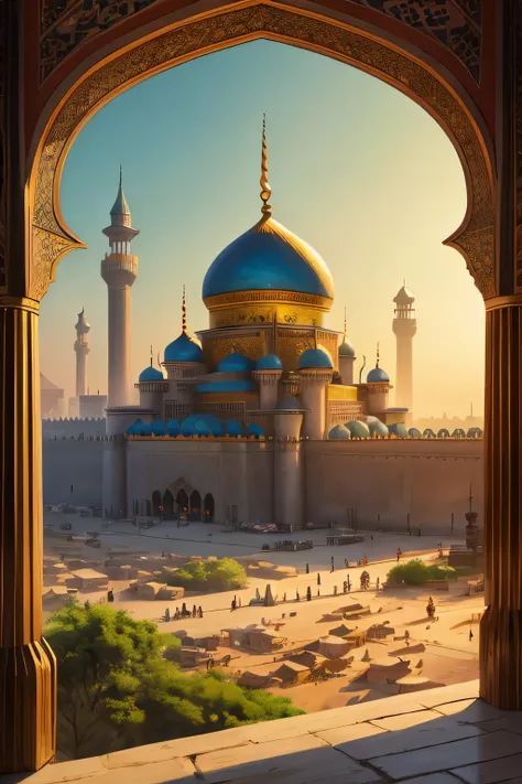 an islamic city from a thousand and one nights, full of colors and towering palaces seen on the horizon, painted like a painting...