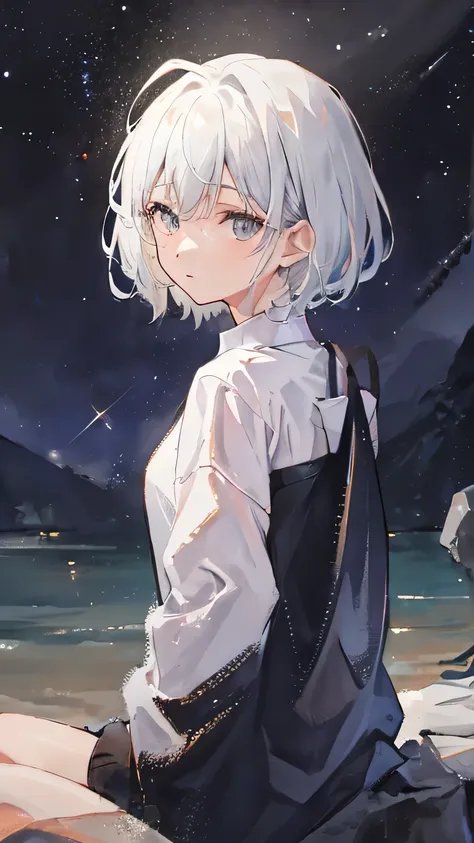 girl，white hair，short hair，silver eyes，sit and look back at me，only the upper body is visible，beautiful starry sky