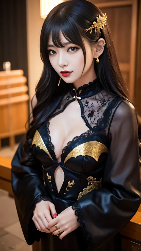 tra-detailed、Japanese、attractive beauty、seductive adult woman、pretty woman、piercing eyes、cool girl、wavy hair、swept bangs、Long Black and Gold Cheongsam、wide sleeves、Evil cadres、evil depravity、brainwash、mind control、lipstick、lip gloss、dark makeup、smirk、whisp...