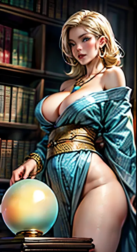 Masterpiece, Best Quality, (((Solo mature woman Janet))), (((platinum blonde hair))), long braided Ponytail, (((wide hips))), (((light blue eyes))), full lips, seductive smile, cleavage, sitting on wooden throne, (((bookshelves, candles))) sunset, blushing...