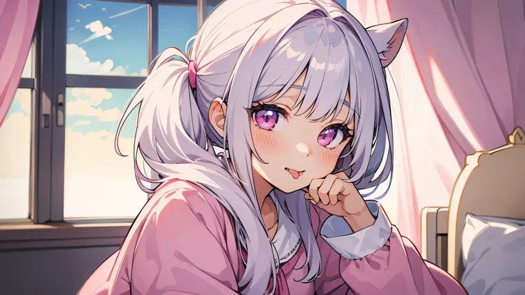 one girl, very beautiful face, beautiful eyes, detailed eyes, detailed face, detailed hair, masterpiece, anime girl, pink eyes, silver hair, , kawaii, two pony tails, very young, big , pixiv, illustration, very high quality, masterpiece, , pink cheeks, loo...