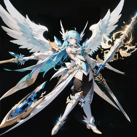 Close-up of a blue and white angel with a sword, girl angel knight, angel in plastic armor, Mystic Valkyrie, Angle of armor with wing, albedo from the anime overlord, Mystical Atlantean Valkyrie, as a Mystic Valkyrie, majestic full-length angel, winged arc...