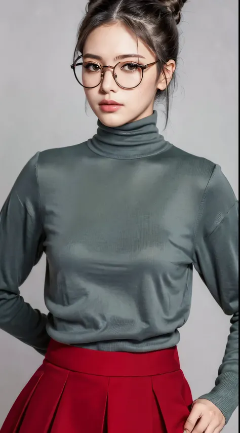 ((masterpiece)), ((最high quality)), (ultra-be familiar with),be familiar with face, realistic, portrait, high quality, be familiar with, Gift, gray hair, gray hair, bun hair, red glasses, turtleneck sweater, black skirt, mole, mole, lips,