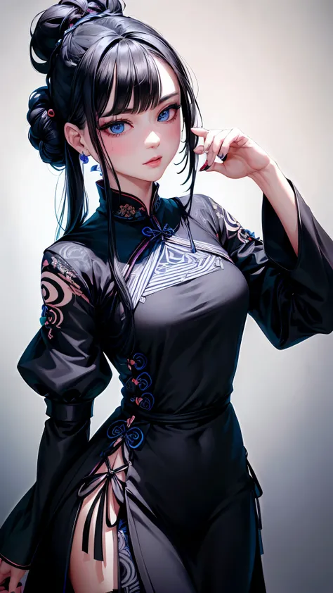 (Girl1,triangle face,blue eyes),(black hair,top Knot hairstyle),(long black Qipao Dress,The dress is decorated with beautiful patterns),Highly detailed ,8K wallpapers،Highest quality,high resolution, beautiful lighting,realistic shadow, high resolution،hig...