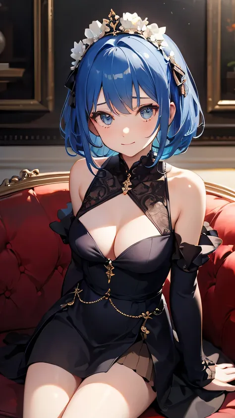 ((highest quality)), ((masterpiece)), (be familiar with), perfect face, gorgeous dress, wide open chest, blue hair, rich hair, detailed fingertips, looking here, shiny hair, bewitching smile, white skin, High resolution, glittering costumes, standing posit...