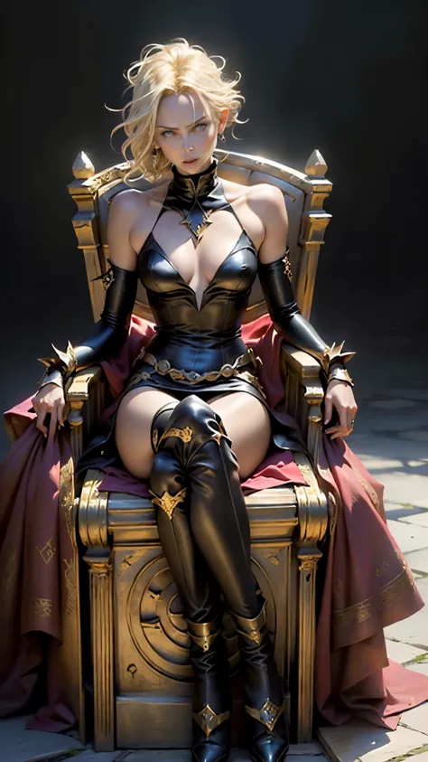 beautiful , ancient, faery, The Red Queen, powerful witch, high, very slim,  blonde, dark fantasy, (sits on a golden throne), silk dress, high quality, masterpiece, The smallest details,(((Charlize Theron&#39;s face))).