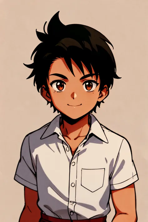 masterpiece, best quality, cel shaded, bright colors, 1boy, solo, male focus, young boy, short black hair, brown eyes, youthful smile, healthy complexion, muscular frame, stripped shirt, beige shorts, looking at viewer, staring straight ahead, upper body s...