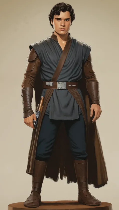 An illustrated movie poster, hand-drawn, full color, a Jedi Knight, 28 years-old, wearing a dark jedi tunic, resembles Gavin Leatherwood, sun-tanned skin, stocky physique, deep brown eyes, wide bulbous nose, black hair, curly hair, thick bushy eyebrows, ex...