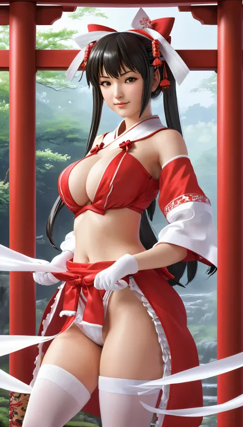 An exquisitely detailed CG artwork depicting Hakurei Reimu, a solitary shrine maiden, in the highest quality. Featuring a delicate white ribbon and socks, large breasts, and wide hips, this masterpiece illustration showcases the beauty of solo female chara...