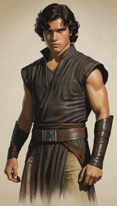 An illustrated movie poster, hand-drawn, full color, a Jedi Knight, 28 years-old, wearing a dark jedi tunic, resembles Gavin Leatherwood, sun-tanned skin, stocky physique, deep brown eyes, wide bulbous nose, black hair, curly hair, thick bushy eyebrows, ex...